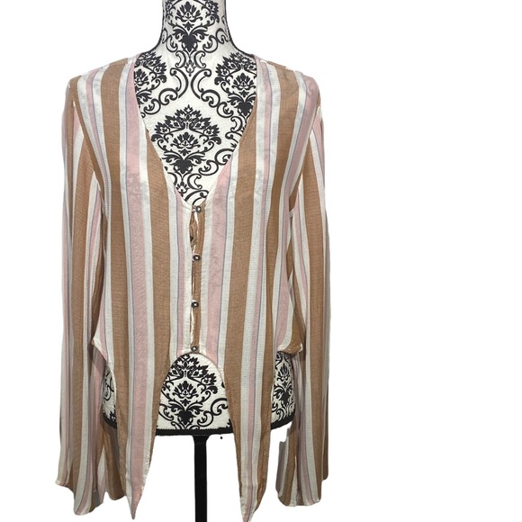 Xhiliration Striped Long Sleeve Tie Button Down Crop Top XL - Picture 2 of 9